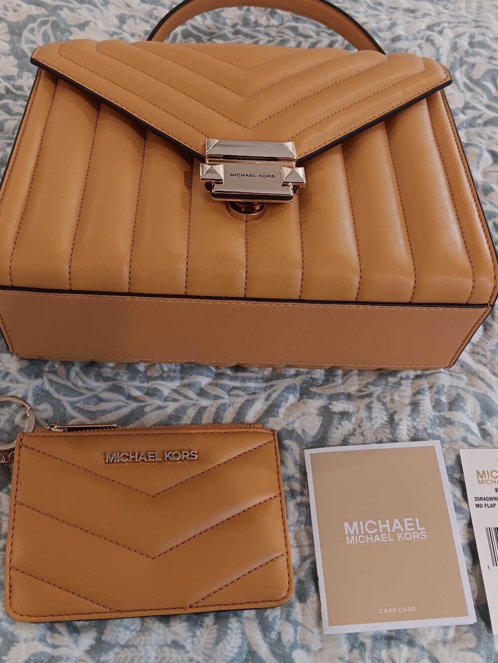 Michael Kors Camel Quilted Leather Satchel with Matching Card Case